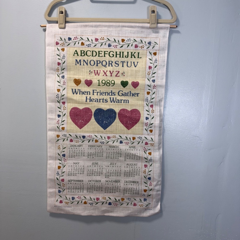Vintage 1989 Linen Calendar Wall Hanging Hearts Alphabet Sampler